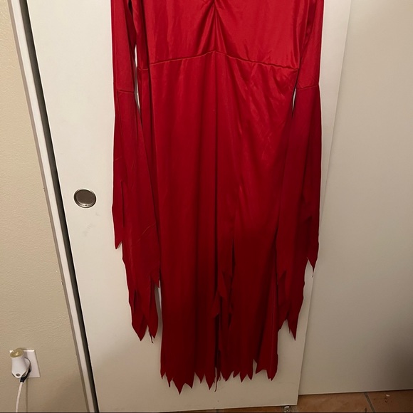 Long Red Devil V Neck Dress Costume with Slit & Devil Tail, Size Medium - Picture 3 of 12